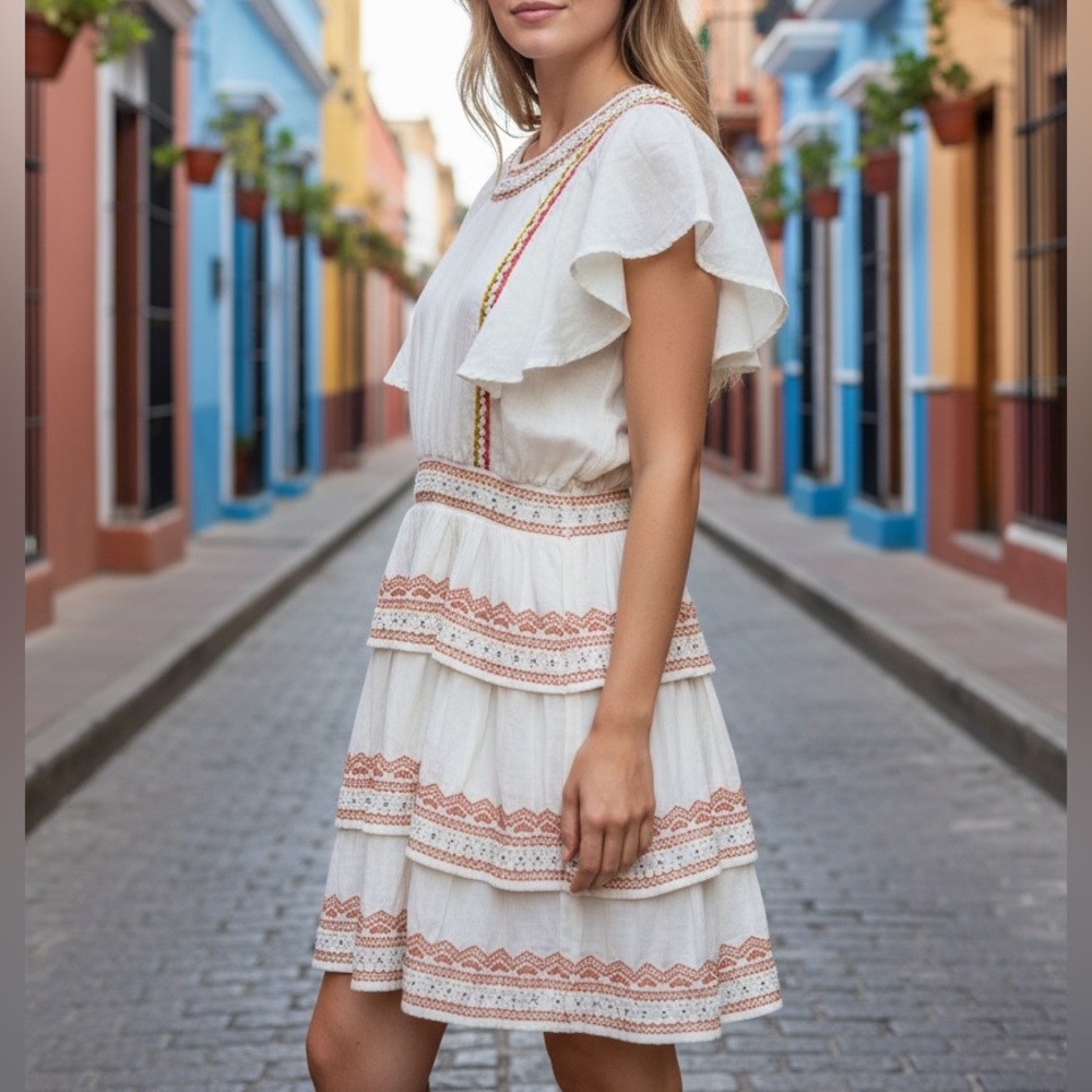 Revolve Tularosa 100% Cotton Beaded Ruffle Mini Dress Boho Festival Summer